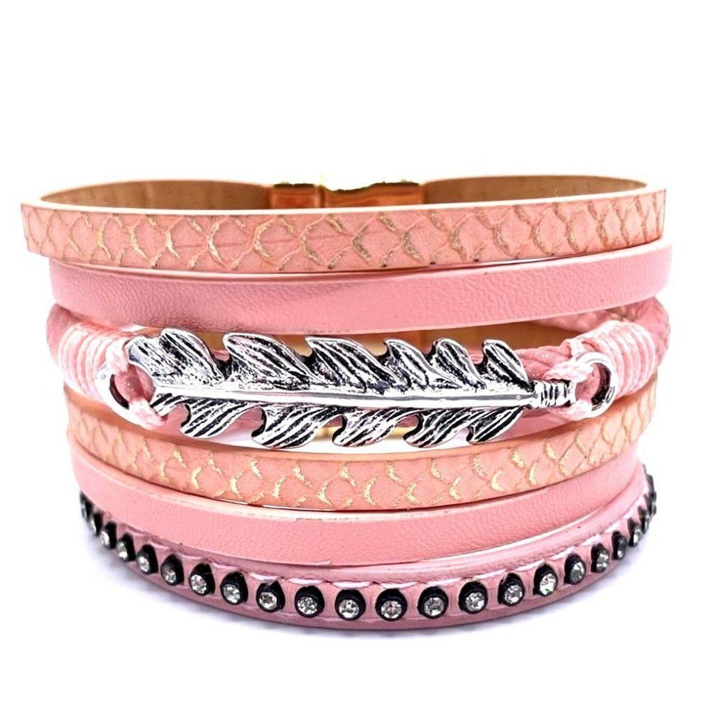 Pink with Yellow Gold and Silver Boho 6 Strand Magnetic Clasp Cuff Leaf Bracelet